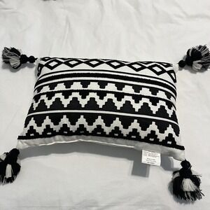 Black White Embroidered Geometric‎ Tassel Accent Pillow 17" X 11"